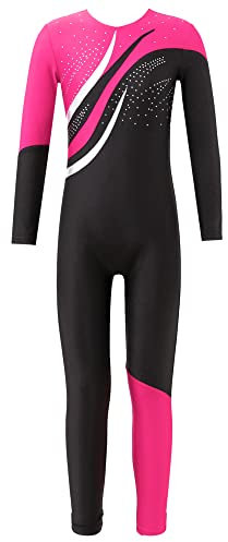 iEFiEL Mädchen Langarm Turnanzug Zweifarbig Ganzkörperanzug Sportlich Body Kinder Glitzer Gymnastikanzug Tanzkostüm Tanzanzug Rosa 146-152