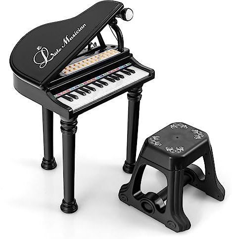 GYMAX 31 Keys Kids Piano and Stool, Electronic Keyboard Children Grand Piano with Microphone, LED Teaching Mode & Record Playback, Musical Instrument Educational Toy for Age 3+ Year Old (Black)