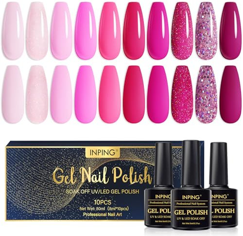 INPING UV Nagellack Set, 10 Farben Anny Gel Nagellack Rosa Glitzer Farbgel für Gelnägel, Soak-Off UV Gel Polish Geeignet für Anfänger Kunst Salon DIY,8ML