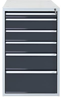 PROREGAL Schubladenbox mit 6 Schubladen für Werkbank Rhino | HxBxT 80x53x70cm | Traglast 60kg | Lichtgrau/Anthrazitgrau | Werkbankzubehör, Baukastensystem, Stahlschublade