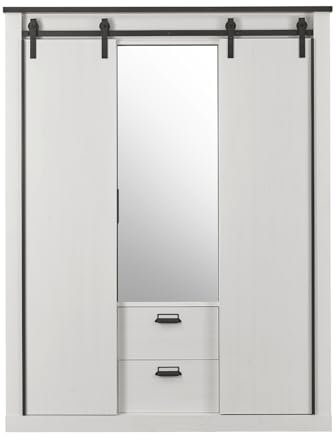 Kleiderschrank in weiß Pinie und schwarz/anthrazit Drehtürenschrank 3 Türen mit Spiegel Schlafzimmer Schrank im Industrial Design 163 x 209 cm Stove (Schrank 2)