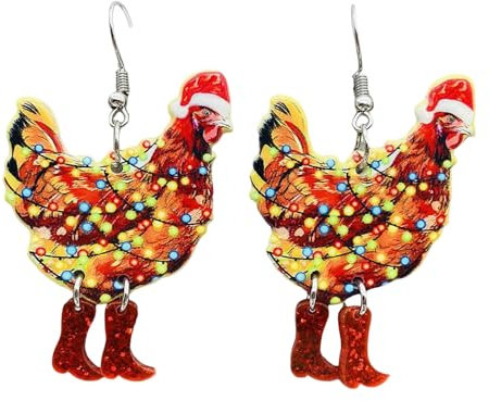Weihnachtsohrringe Ohrringe Silber 925 Weihnachtsohrringe, lustig, niedlich, Weihnachtsmütze, großer, bunte Lichter, Stiefel, Tier, Huhn, Hängeohrringe, Ohrringe Weihnachtsgeschenke (Red, One Size)