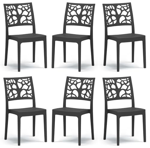 Set 6 sedie in polipropilene TETI, MADE IN ITALY, impilabile, idrorepellente, resistenza raggi UV, design moderno albero della vita per sala da pranzo, cucina, bar, ristoranti, esterno (Ghisa, 6)