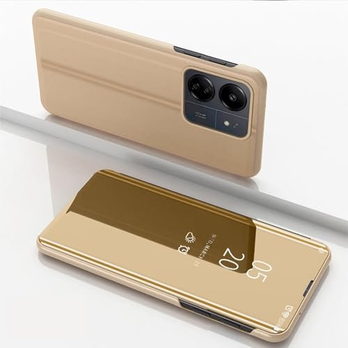 Wigento Für Xiaomi Redmi 13C View Spiegel Handy Smart Cover Wake UP Funktion Case Gold
