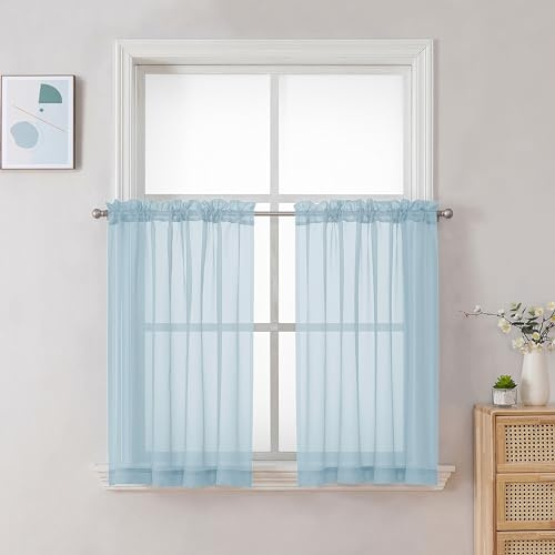 Chyhomenyc Sky Blue Sheer Curtains 30 inch Length 2 Panels, Light Filtering Voile Rod Pocket Short Window Curtians for Bathroom Living Room Farmhouse Small Windows, 42Wx30L inches