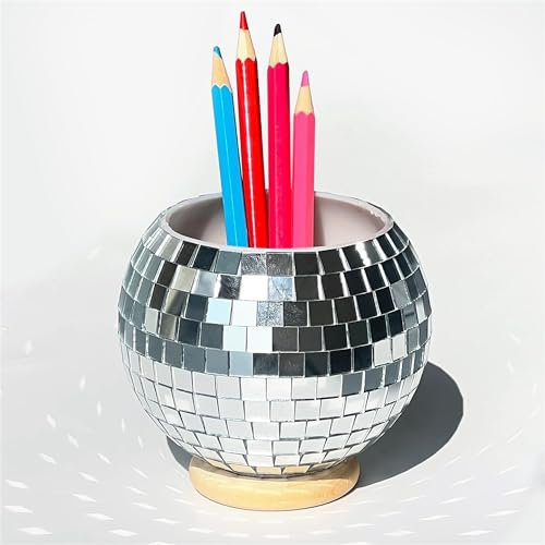 Qiumyanlod Glass Silver Disco Ball Pen Pot Pencil Holder for Desk Office Disco Mirror Decor Desk Organizer Pen Holder Office Stationery,Desk Accessories Storage,3 * 4 * 4 inch