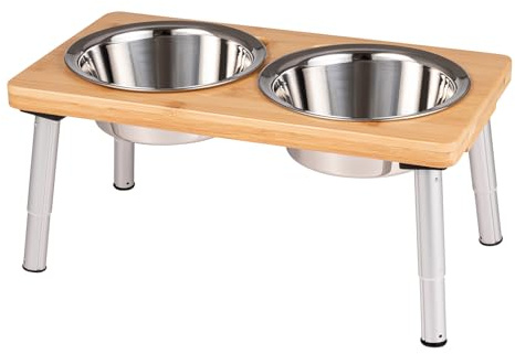 PEGGY11 Raised Dog Bowls with Bamboo Stand, 720 ml, 2-Pack | 2 × 720 ml stainless steel bowls with a bamboo stand and adjustable-height legs, suitable for small and medium dogs.