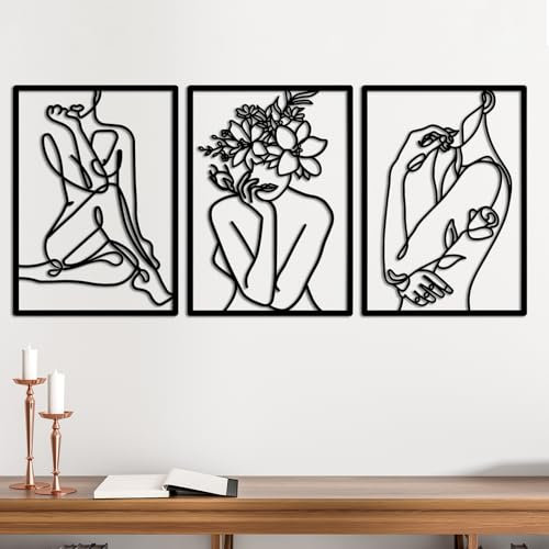 Fentar 3stk Metall Wanddeko Schlafzimmer, Abstrakte Weibliche Silhouette Wandbild Metall, Moderne Wand Deko, Minimalistische Wanddeko Wohnzimmer, Wasserdichtes Metallbilder Wand deko Schwarz (Stil B)