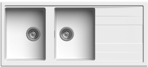 Focus lavello cucina Orlando bianco 2 vasche con gocciolatoio 116 x 50 cm Made in Italy