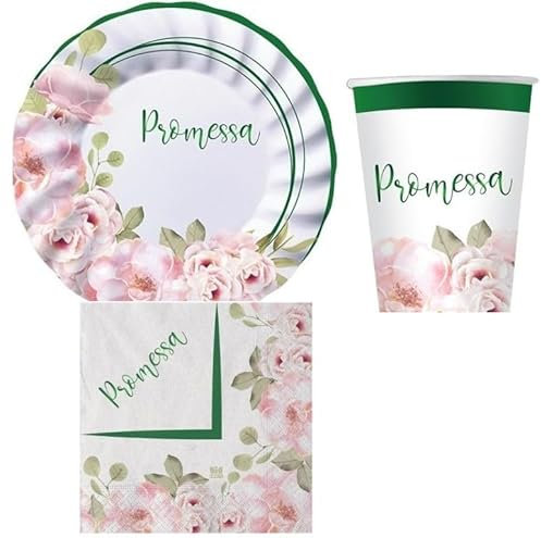 Set 36 pezzi - Kit Coordinato tavola PROMESSA con fiori - Colore verde rosa e bianco - decoro buffet feste - 8 piatti + 8 Bicchieri + 20 tovaglioli