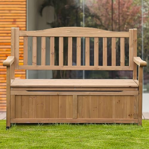 DJJYCTNM Wooden 2 Seater Outdoor Garden Bench, Storage Chest Patio Seating Chair with High Back and Armrest(Blue, Green, Natural, White)(Natural)