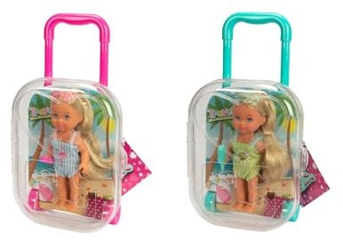 Simba Evi Love Travel, 2fach Sortiert, es Wird nur EIN Artikel geliefert, Spielpuppe im rollenden Koffer, sie trägt einen Badeanzug mit Rüschen inkl. Sonnenbrille und EIS, 12cm, ab 3 Jahren