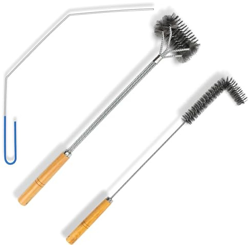 3Set Deep Fryer Cleaning Tools Including L-Shaped Fryer Cleaning Brush, Brass Bristles Stainless Deep Fryer Cleanout Rod Long Handle Deep Fryer Basket Cleaning Brush