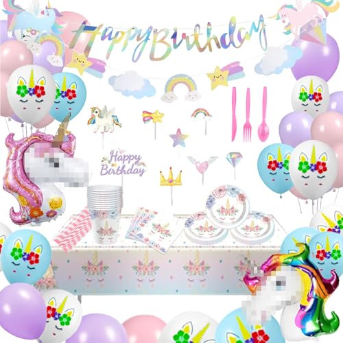 Tuofang 102 Pièces Kit Vaisselle et Décoration Anniversaire Licorne Fille, Assiette Jetable Anniversaire de Fête Licorne pour 16 Invités, Idéal Enfants Fête D'anniversaire
