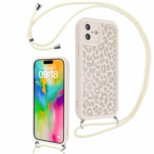 Kueqeay Coque avec Cordon pour iPhone 16 Plus 6,7”, Blanc Étui avec Sangle Collier Corde Housse Aesthetic Léopard Motif Souple Silicone Antichoc Case Anti-Rayures Protection Bumper Cover, 02