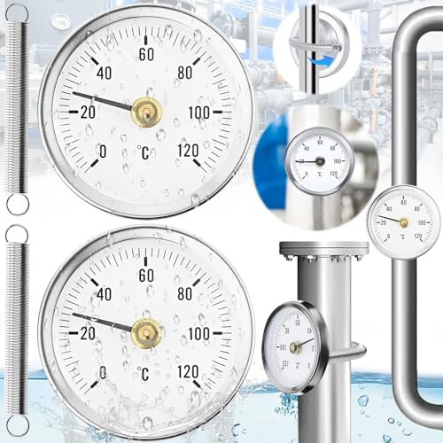 2 Stück Rohrthermometer Heizungsrohr, Rohrthermometer rostfreiem Stahl | , Temperaturanzeige mit Clip-On 0-120 ℃, Tragbares Rohrleitungs Thermometer, Überwachung Rohrtemperatur (mit 2 Federn)