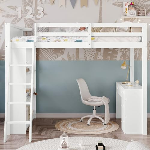 BTM Single Bunk Bed for Kids, Loft Bed with Desk, 4 Drawers, 4-step Ladder and 3 Rows of Shelves under the Lower Bunk, Multi-Drawer Design, White, 3FT-90x190cm (No Mattress)