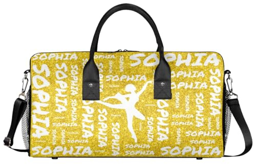 Mintoprints Personalisierte Tanztasche, Sporttasche, Turnbeutel mit Namen, individuelle Reisetasche, Balletttasche, Wochenendtasche, Übernachtungstasche, Gold, 17.4x8.3x9.5, Tanzen