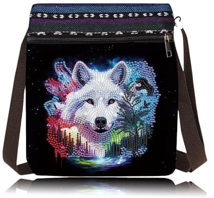 CXINLky 5D DIY Diamond Art Painting Crossbody Tasche, Diamont Art Messenger Tasche, Umhängetasche Münzgeldbörse Make-Up Schultertasche Reißverschluss Handtasche für Damen-18-Wolf