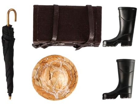 Namvo 4pcs Dollhouse Accessories Mini Suitcase Set Mini Boots Mini Umbrella Travel Mini Straw Hat 1/12 Dollhouse Accessories