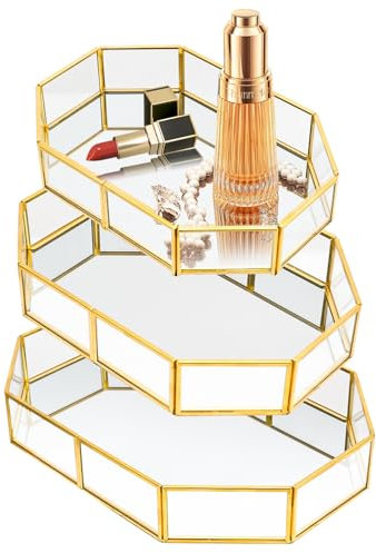 Mulaibdin 3 Pezzi Vassoio Specchio Oro, Vassoio Decorativo Metallico, Vassoio Bagno Portaoggetti, Porta Profumi Organizer Vassoio, Vassoio Moderno per Cassettiera,Camera da Letto,Tavolino da Toilette