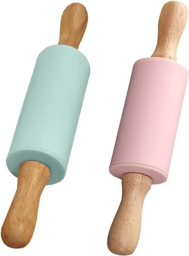 KOMUNJ Lot de 2 mini rouleaux à pâtisserie en silicone pour enfants avec manche en bois pour gâteaux, pizzas, fondants, cookies (vert + rose)