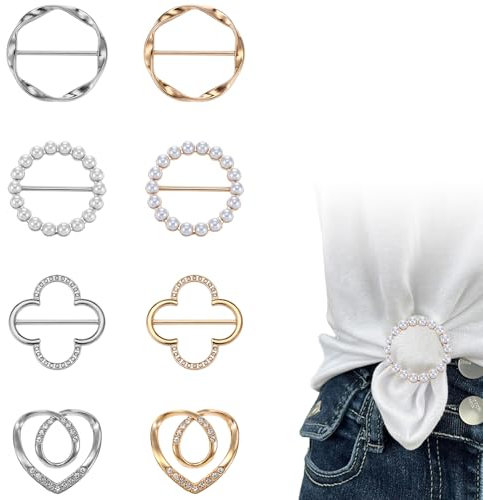 ElevateTech 8 Stück Schnalle Glitzer Brosche T Shirt Clip Schnalle Schal Ring Clip Mode Kleidungsecke Knotenknopf für Damen Mode Metall Rundkreis Hemdclip Schnalle Taillengürtel Clips Straffer