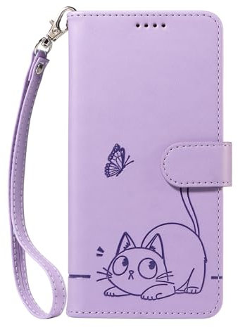Wuhaizher for iPhone 11 Case Cat Butterfly Cute Shockproof Flip Folio Leather Wallet Cover for Girls Kids with Stand Card Holder Wrist Strap Phone Case for iPhone 11, Purple