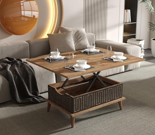 HanDpi Mesa de Centro Moderna con Altura Ajustable y elevable, diseño Convertible, Extensible para albergar hasta 6 Personas.