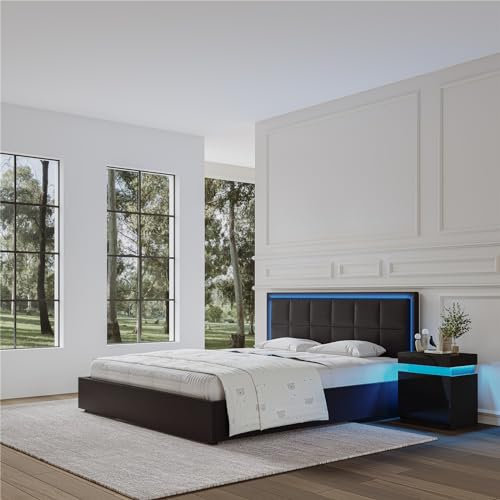 King Size Bed Frame with Storage, Gas Lift Ottoman Bed, 5FT Bed with LED Lights, Wooden Headboard, Faux Leather (Black, King 5FT – No Mattress)