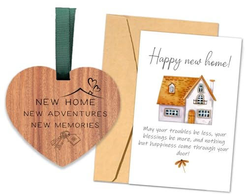 New Home Ornament, Wooden Pendant New House Congratulations with Greeting Card Present Adventure Happy Home Gifts Friends House Owners Christmas (Heart)