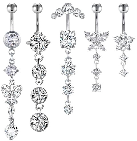 5 Stück Edelstahl Piercing Bauchnabel, Bauchnabelpiercing 10 mm Stablänge | Bauchnabelpiercing Set aus Chirurgenstahl Silber, 1,6 mm Nabelring, Bananabell Piercing, für Frauen Schmuck