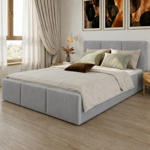 Home Collective Polsterbett, Bett mit Stauraum, Stauraumbett mit Lattenrost gepolstert Bett mit Kopfteil Doppelbett mit Bettkasten | Gasdruckfedern & Metallrahmen, Samtpolsterung | 140×200 cm | Grau