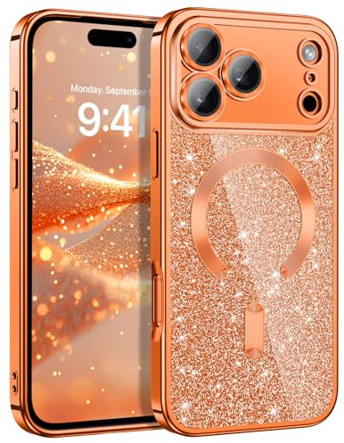 DUEDUE Glitzer Hülle für iPhone 17 Pro 6,3'' [Kompatibel mit MagSafe] Glitzer Handyhülle mit Kameraschutz, Magnetische Stoßfeste Schutzhülle Soft TPU für iPhone 17 Pro Hülle, Orange