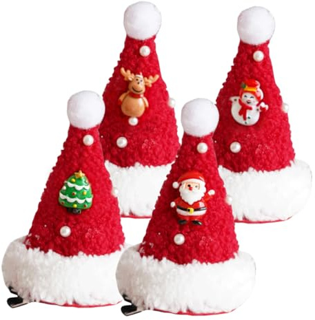 WEKAMOS 4 Stück Weihnachtsmützen Haarspangen für Mädchen Leichte Haarnadeln mit Weichem Material Festlicher Haarschmuck für Weihnachtsfeier und Party