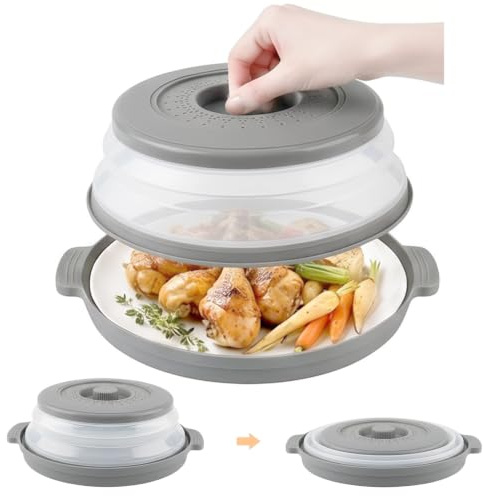 Collapsible 10.5in Microwave Cover for Food with Anti-scald Base, BPA-Free | with Silicone Oven Mitts, Cleaning Towel, Hooks, Microwave Splatter Cover with Steam Vents, Heat Resistant,Dishwasher Safe