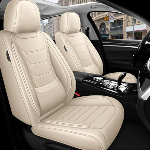 NewYYY AutoSitzbezüge Leder für Volkswagen VW Polo 2000-2026, Beige | Nappa Leder Auto Sitzbezug 5 Stück, Wasserdichter Sitzschoner, Kratzfester Schonbezüge, Komfortabler Sitzschutzbezug