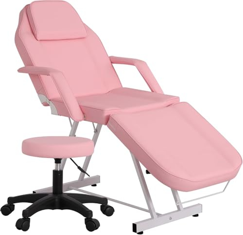 Cama de Masaje Profesional Camilla Masaje Plegable con Taburete Rosa | 3 Zonas Camilla Estetica Fisioterapia Ajustable Reposacabezas para SPA, Tatuaje, Facial, Pedicure Therapy