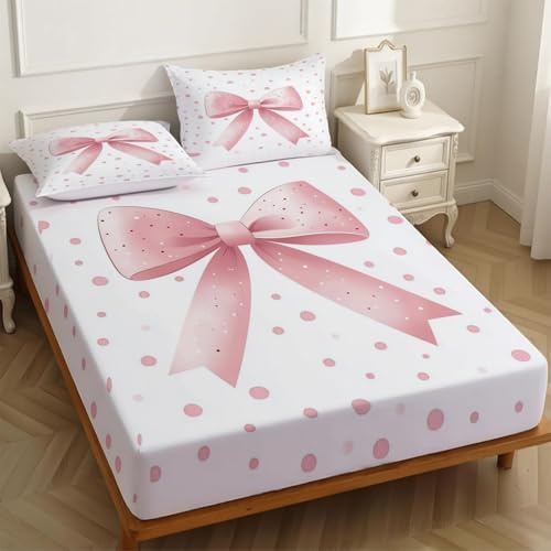 Spannbettlaken Set 120 x 200 cm Schleifen und Punkte Spannbetttuch Rosa mit Kissenbezügen 80x80 cm Kinder Mädchen Teenager Bettlaken Set weiche Mikrofaser