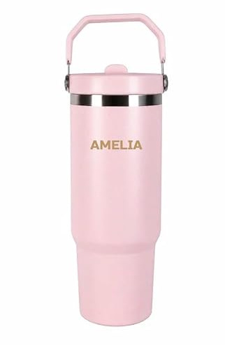 Personalised 30oz Flip Straw Tumbler | Easy to Carry Handle (Light Pink)