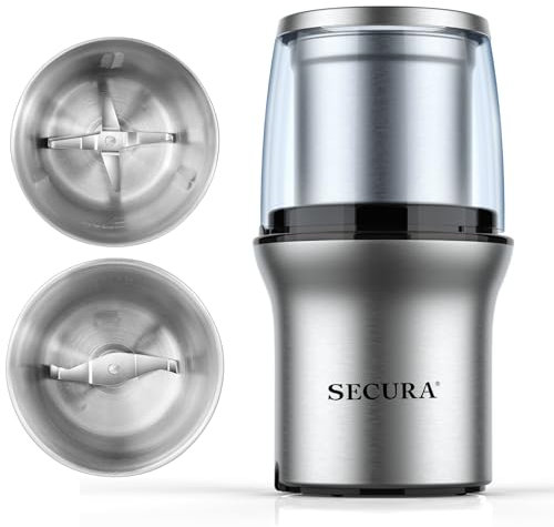 Secura Electric Coffee Grinder & Spice Grinder with 2 Stainless-Steel Blades Removable Bowl (2-Year Warranty)