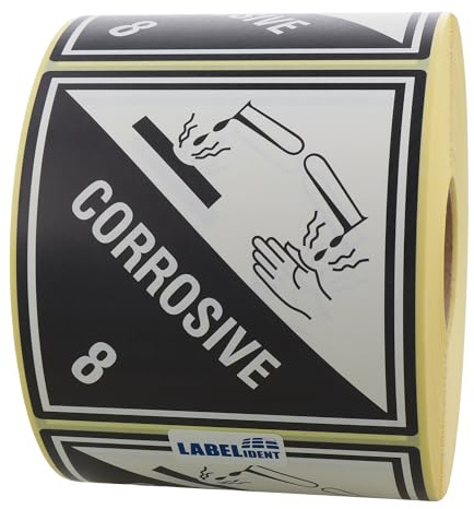 Labelident Gefahrgutaufkleber 100 x 100 mm - Gefahrgutetiketten Klasse 8 - Ätzende Stoffe - 1.000 Etiketten auf 1 Rollen, Papier schwarz-weiß