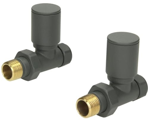 DuraTherm® Manual Straight Towel Radiator Valve Set, 15mm Central Heating Valves for Radiators, Round Anthracite Grey