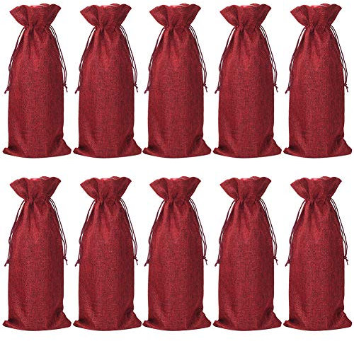 Jute Wine Bottle Bags with Drawstring, 10pcs 14 x 6 1/4 inch Festive Bottle Bags for Party (Red)