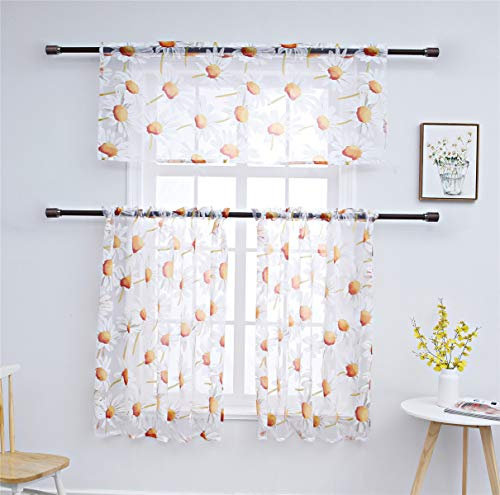 Dreamskull Gardine Gardinen Kurzstores Scheibengardine Schiebegardine Bistrogardine Blumen Transparent Klein Kurz Küche Wohnzimmer Kinderzimmer Landhaus Kleiner Prinz 3er Set Modern (Weiß+Orange)