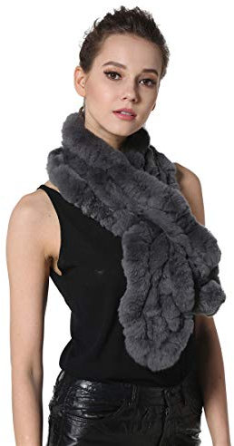 KAISHIN Echtes Fell Schal f¨¹r Frauen Rex Rabbit Fur Lange Schalld?mpfer Damen Winter Verdickung Warme Schals Dunkelgrau