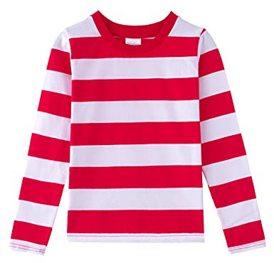 Spring&Gege Boys' Long Sleeve Striped T-Shirt Cotton Crew Neck Tees, Red and White Stripes, 9-10 Years