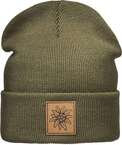 (A) Outdoor Strickmütze: Edelweiß mit Leder Patch - Bergsteigen Klettern Bouldern Sport Wandern Gebirgsjäger Bundeswehr Wintermütze Beanie Mütze Damen & Herren Frauen & Männer Geschenk (One Size Grün)