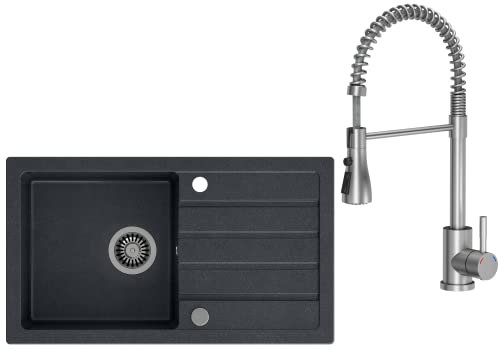 VBChome Spülbecken mit Armatur 77 x 44 cm Schwarz Spüle Einzelbecken Küche Einbauspüle Verbundspüle Küchenspüle gesprenkelt flächenbündig Siphon Waschbecken Armature Schwenkauslauf, Federauslauf