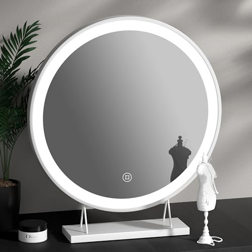 Heilmetz Schminkspiegel mit Beleuchtung Rund, LED Hollywood Spiegel mit Beleuchtung, Dimmbar 3 Lichtfarben, Touch Schalter, Makeup Schminkspiegel mit Licht Φ48cm, Weiß